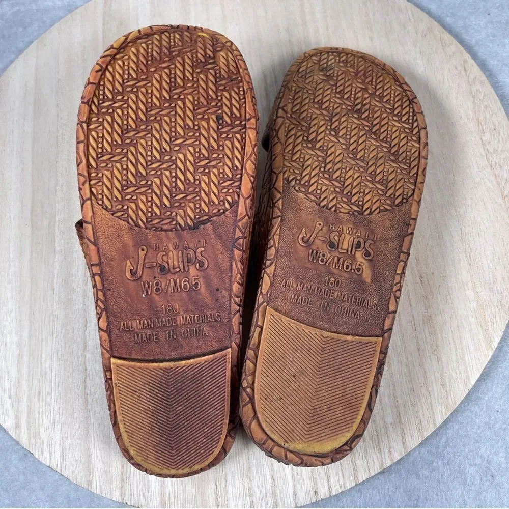 Hawaii J Slips Sandals Brown Tiki Textured Unisex Slip Ons Mens 6.5 Womens 8